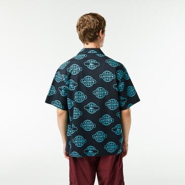  Lacoste Erkek Relaxed Fit Kısa Kollu Desenli Siyah Gömlek