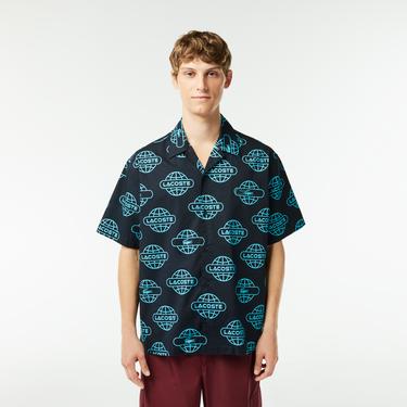  Lacoste Erkek Relaxed Fit Kısa Kollu Desenli Siyah Gömlek
