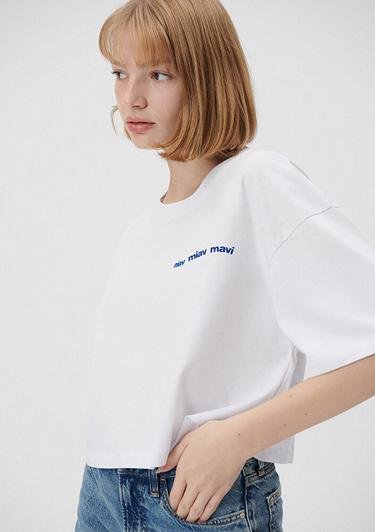  Mavi Miav Baskılı Beyaz Crop Tişört Oversize / Geniş Kesim 1611792-620