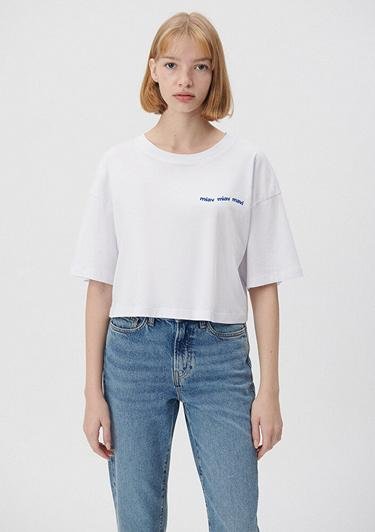  Mavi Miav Baskılı Beyaz Crop Tişört Oversize / Geniş Kesim 1611792-620