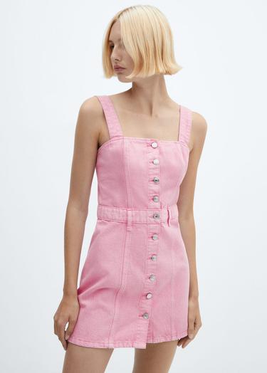  Mango Kadın Düğmeli Denim Elbise Şeker Pembe
