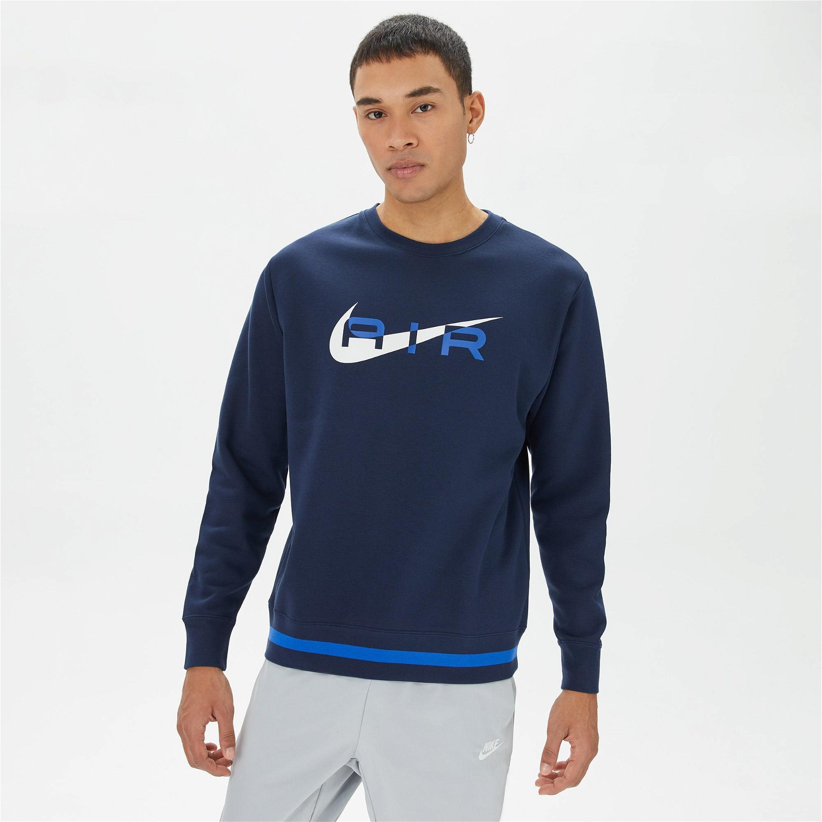 Nike Sportswear Swoosh Air Crew Fleece Erkek Mavi Uzun Kollu T-Shirt
