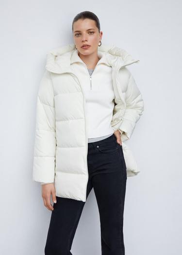  Mango Kadın Kapüşonlu Kapitone Anorak Kırık Beyaz