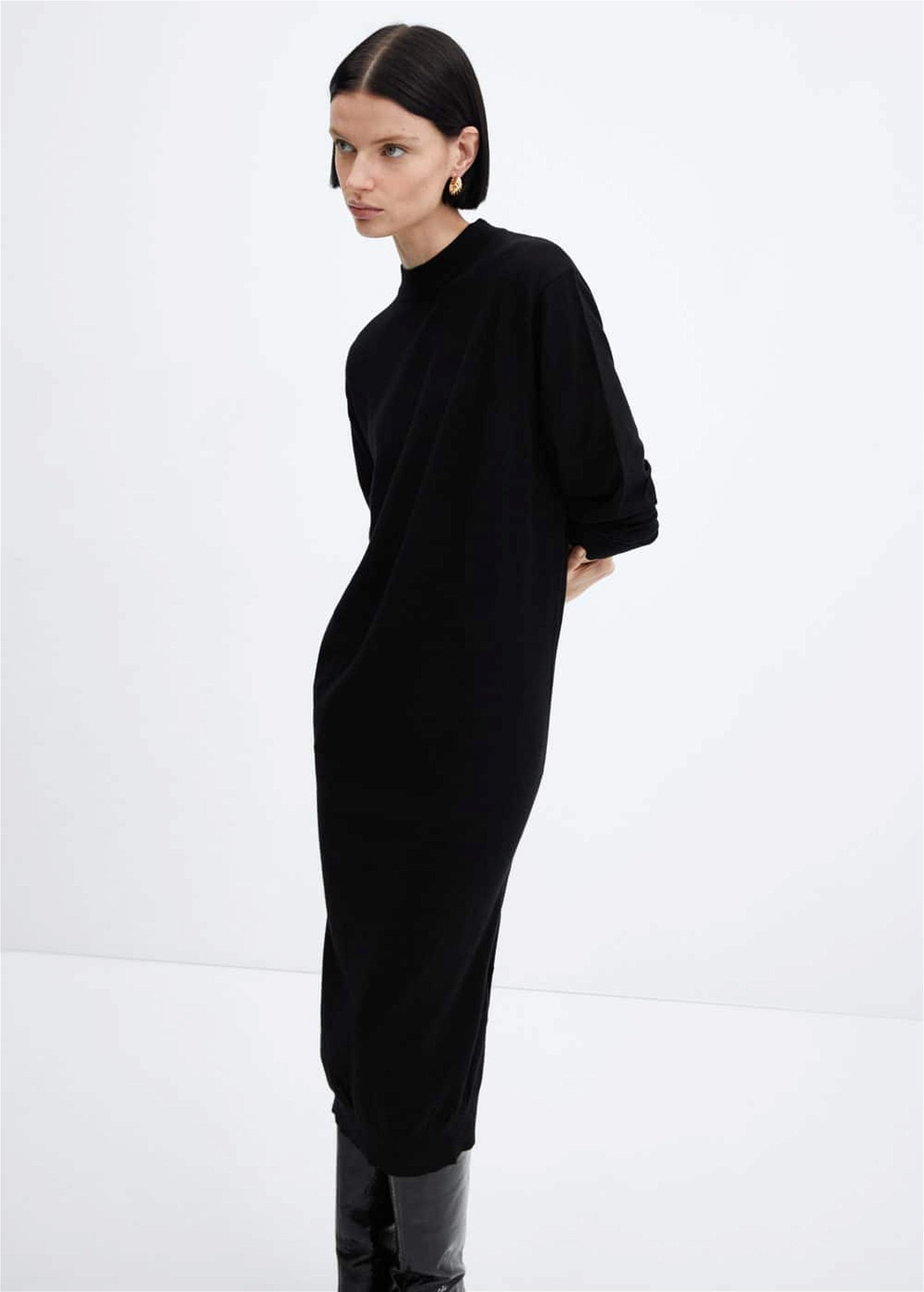 Mango Kadın Yuvarlak Yakalı Triko Elbise Siyah