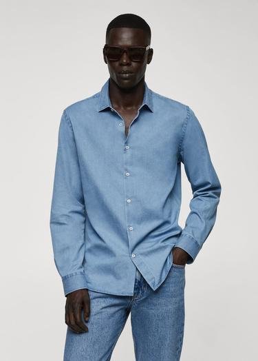  Mango Erkek Regular Fit Chambray Pamuklu Gömlek Açık Mavi