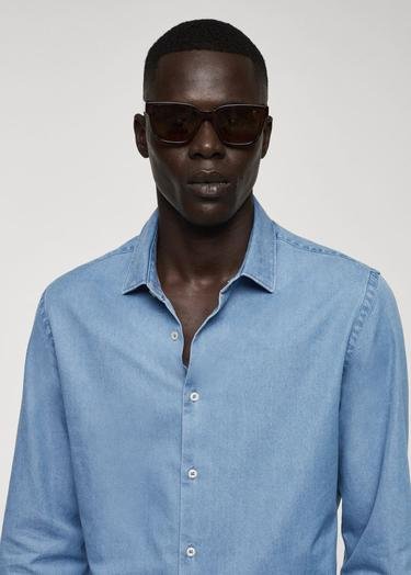  Mango Erkek Regular Fit Chambray Pamuklu Gömlek Açık Mavi