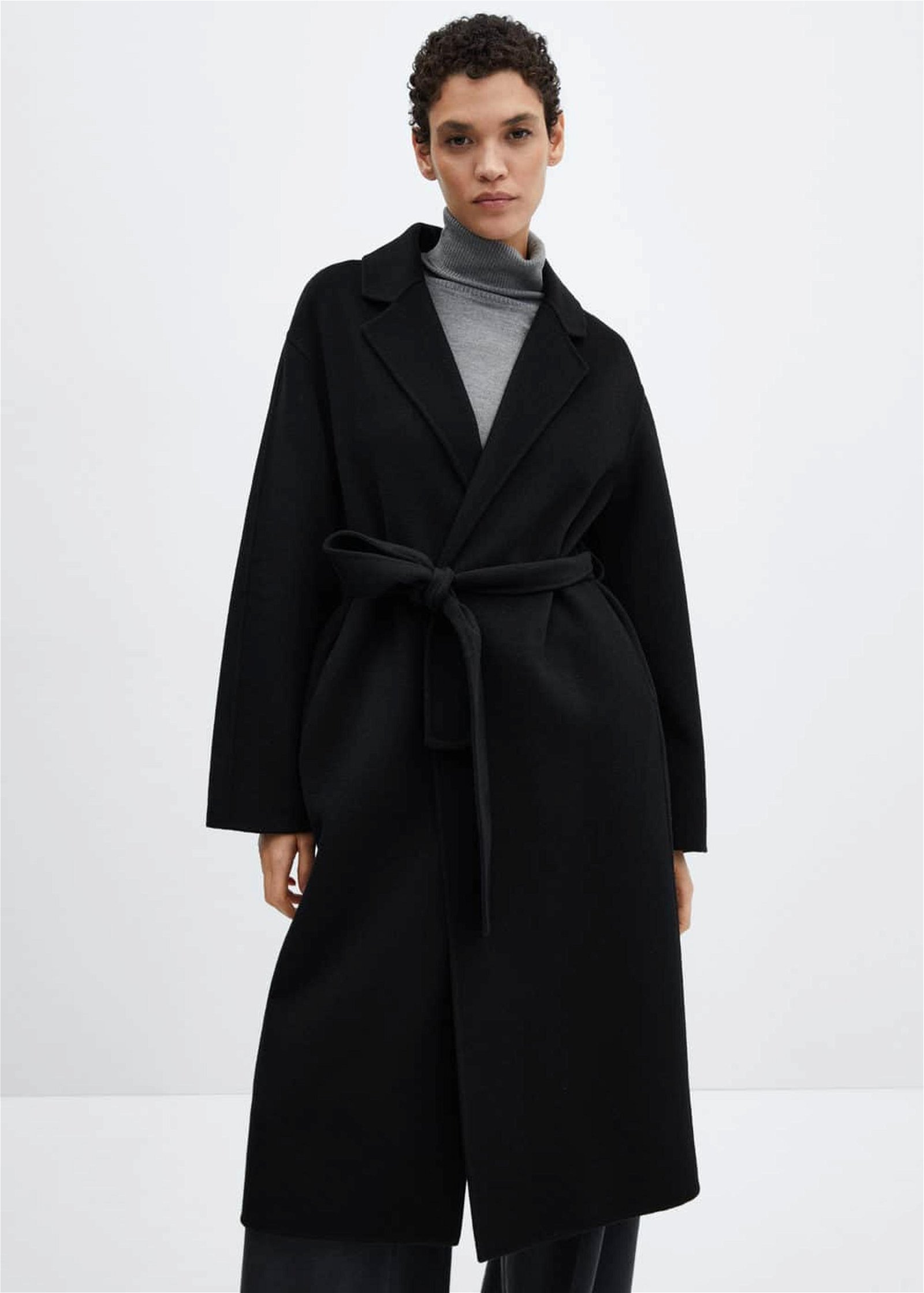 Mango Kadın Kemerli El Yapımı Palto Siyah