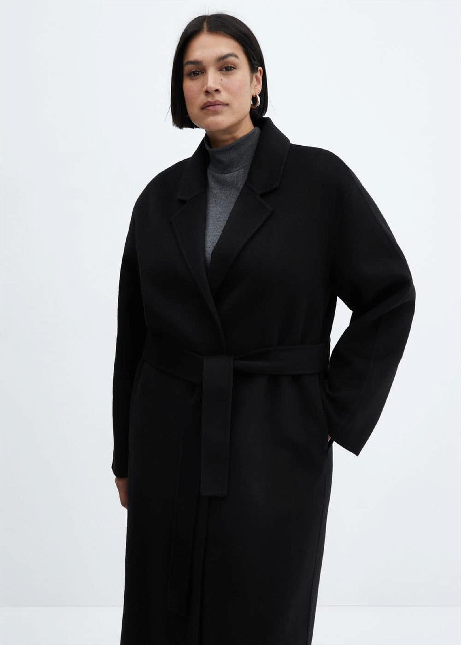 Mango Kadın Kemerli El Yapımı Palto Siyah