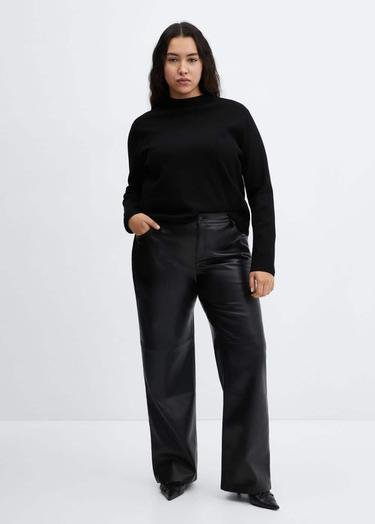  Mango Kadın Orta Belli Deri Görünümlü Pantolon Siyah