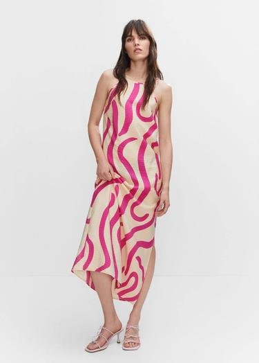  Mango Kadın Desenli Cut-out Detaylı Elbise Fuşya