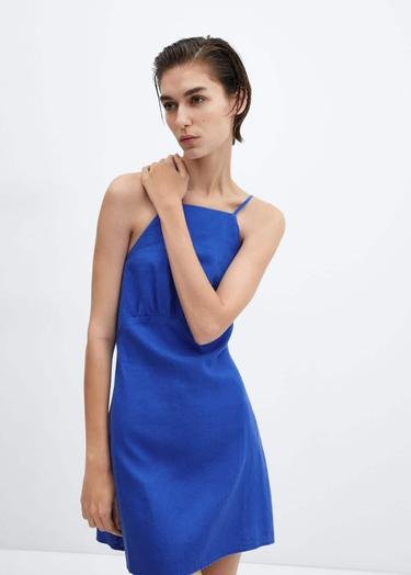  Mango Kadın Askılı Keten Elbise Mavi