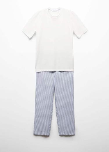  Mango Erkek Desenli Pamuklu Pijama Takımı Beyaz