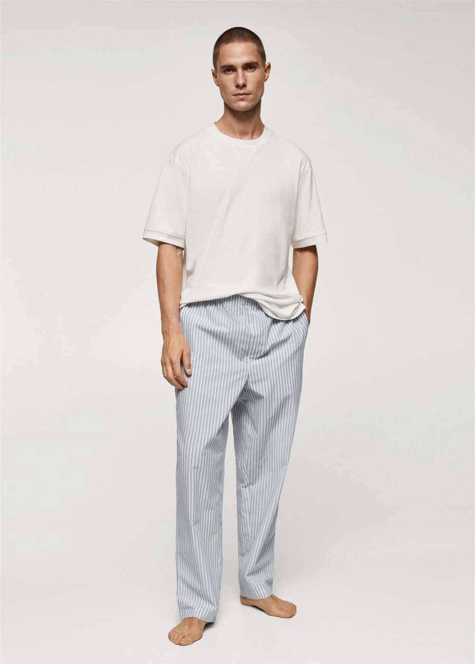 Mango Erkek Desenli Pamuklu Pijama Takımı Beyaz
