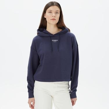  Tommy Jeans Relax Crop Essential Logo Hoodie Kadın Mavi Sweatshirt