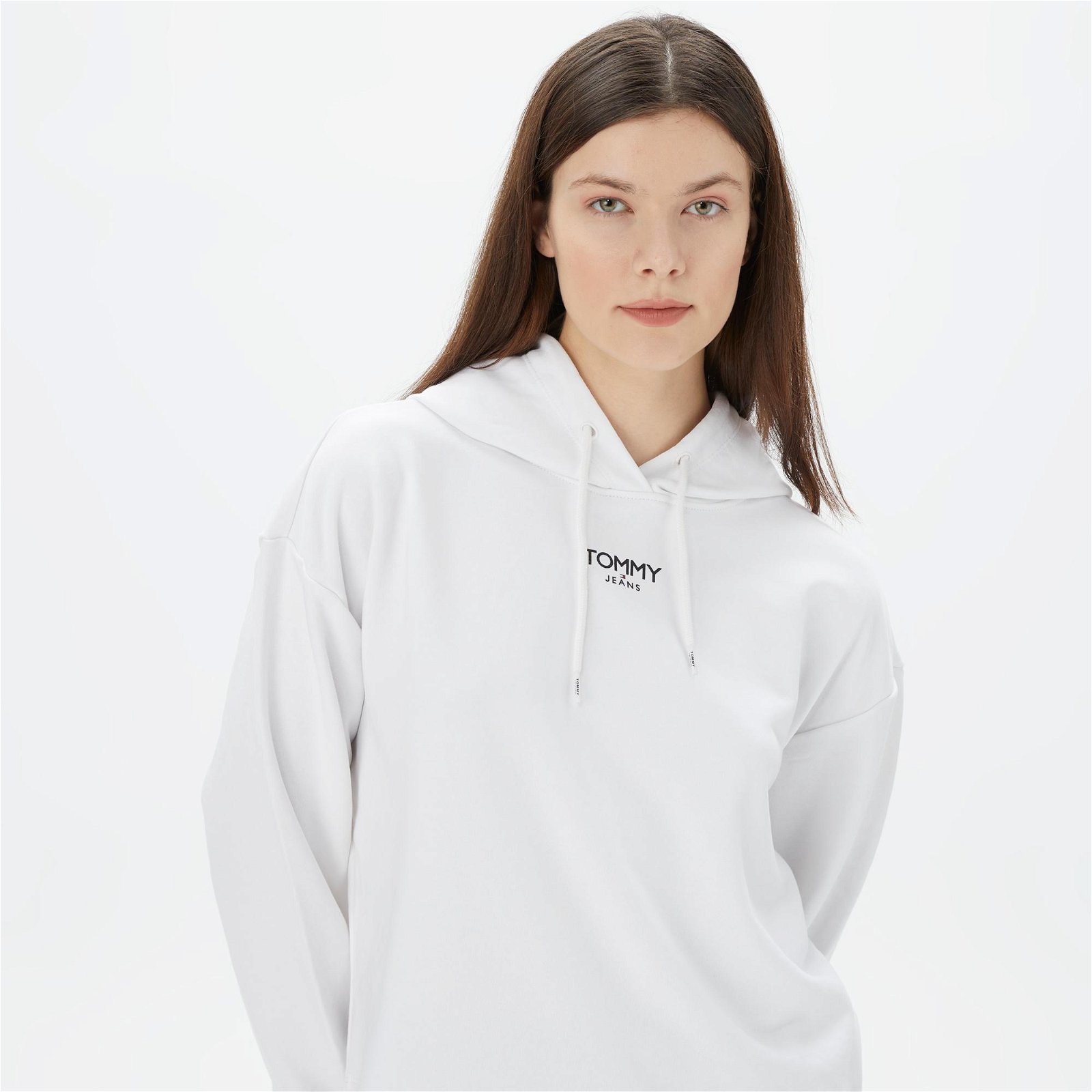 Tommy Jeans Relax Crop Essential Logo Hoodie Kadın Beyaz Sweatshirt