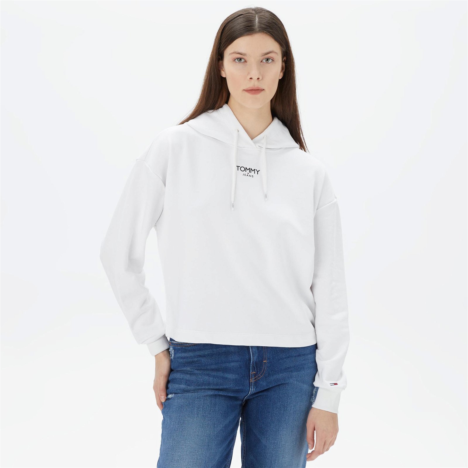 Tommy Jeans Relax Crop Essential Logo Hoodie Kadın Beyaz Sweatshirt