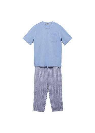  Mango Erkek Kareli Pamuklu Pijama Takımı Lacivert