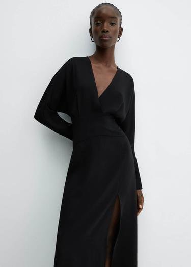  Mango Kadın Yırtmaçlı Çapraz Dekolteli Elbise Siyah