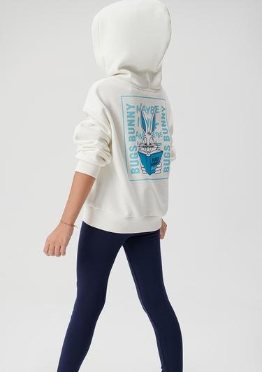  Mavi Bugs Bunny Baskılı Kapüşonlu Beyaz Sweatshirt 7S10008-80194