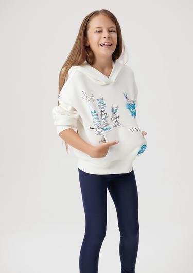  Mavi Bugs Bunny Baskılı Kapüşonlu Beyaz Sweatshirt 7S10008-80194