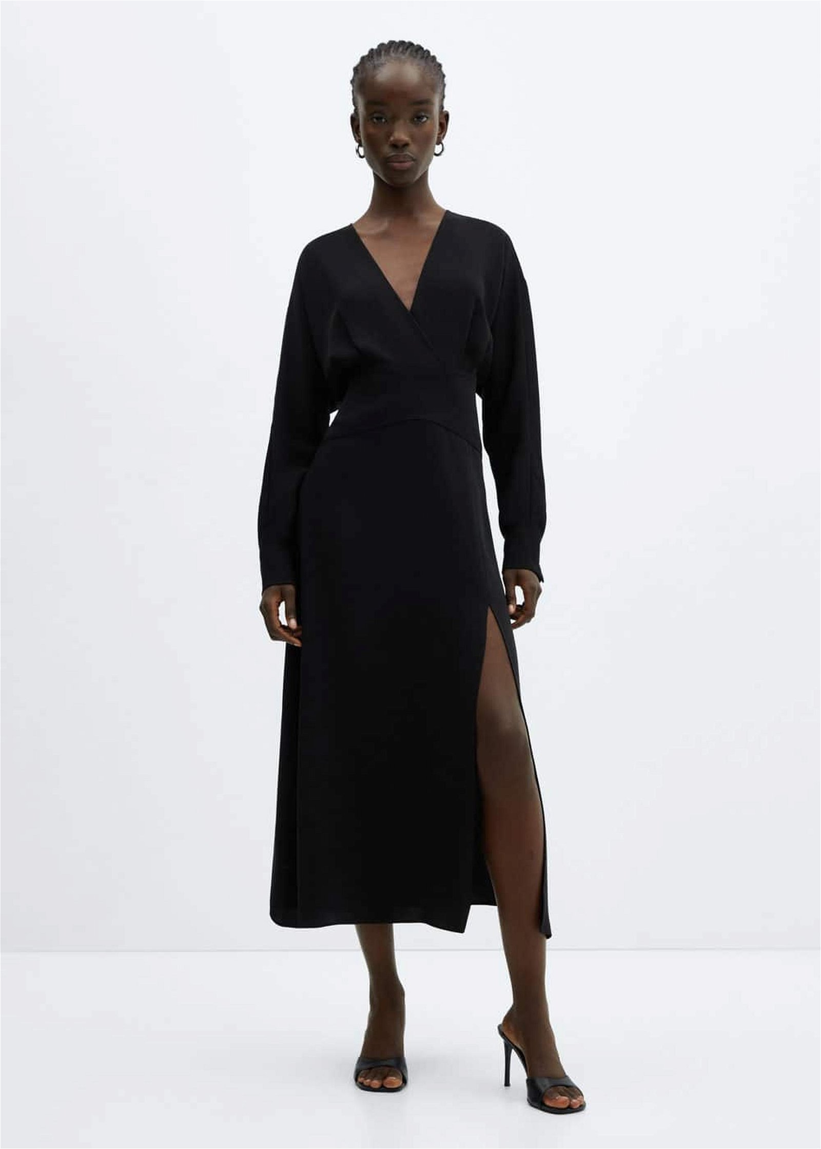 Mango Kadın Yırtmaçlı Çapraz Dekolteli Elbise Siyah