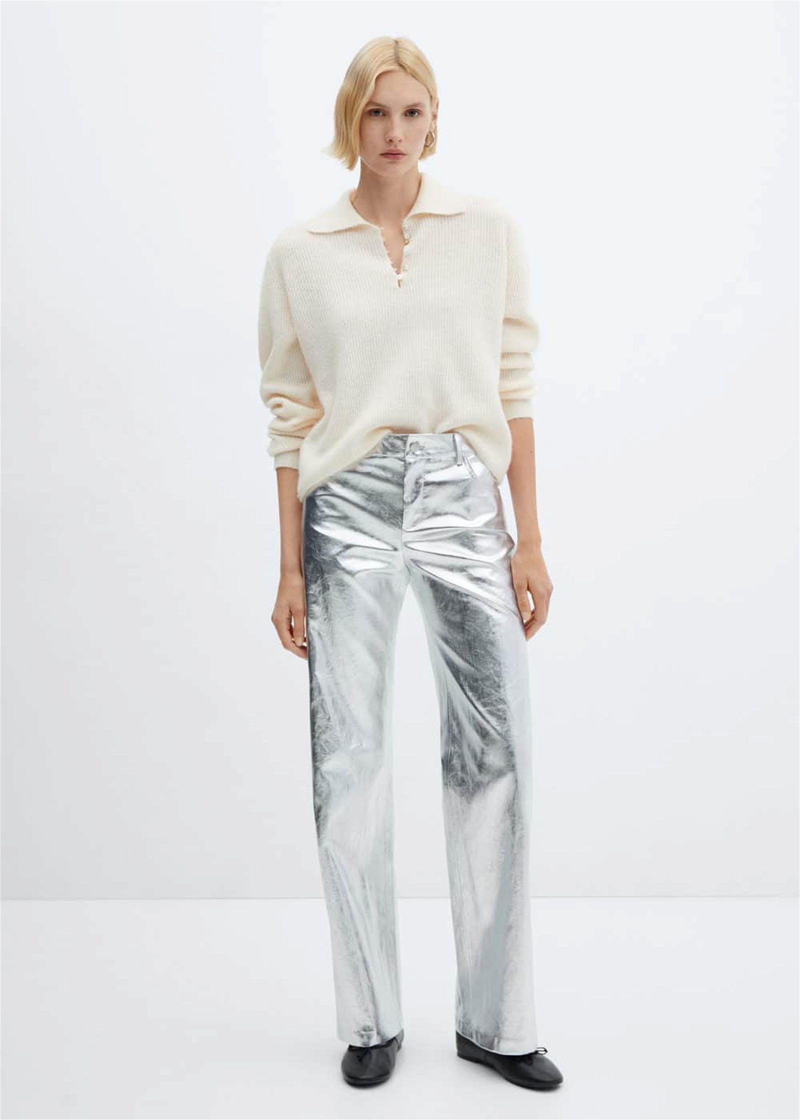 Mango Kadın Metalik Wideleg Pantolon Gümüş Rengi