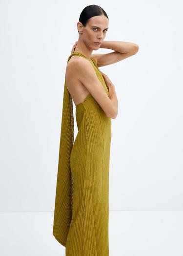  Mango Kadın Arkası Açık Pilili Elbise Zeytin Yeşili