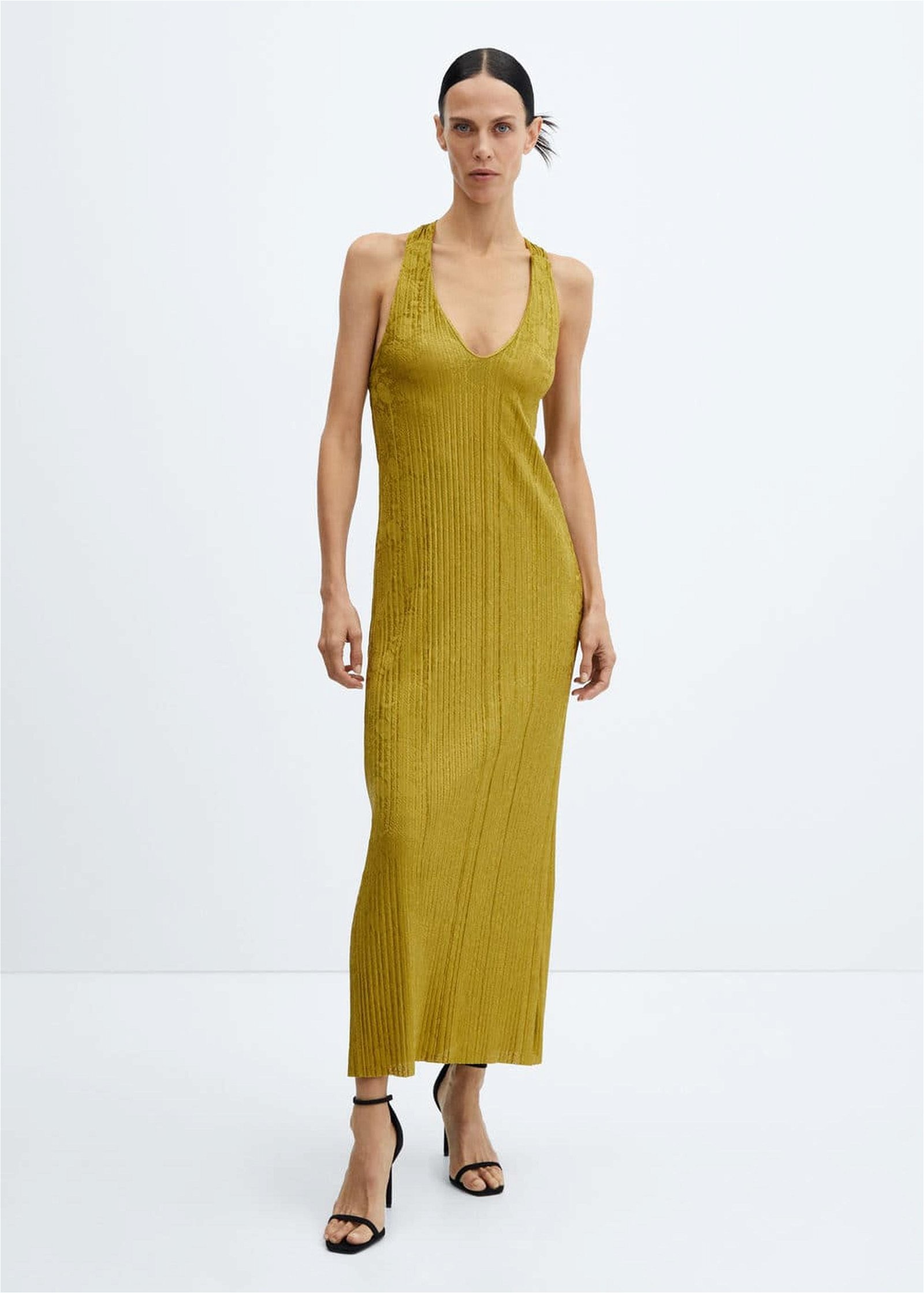 Mango Kadın Arkası Açık Pilili Elbise Zeytin Yeşili