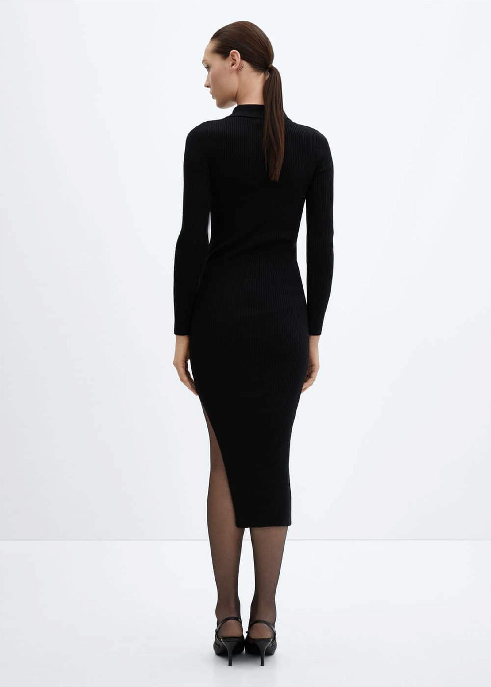 Mango Kadın Yırtmaçlı Ribana Triko Elbise Siyah