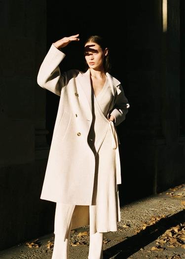  Mango Kadın El Yapımı Oversize Yün Palto Açık/Pastel Gri