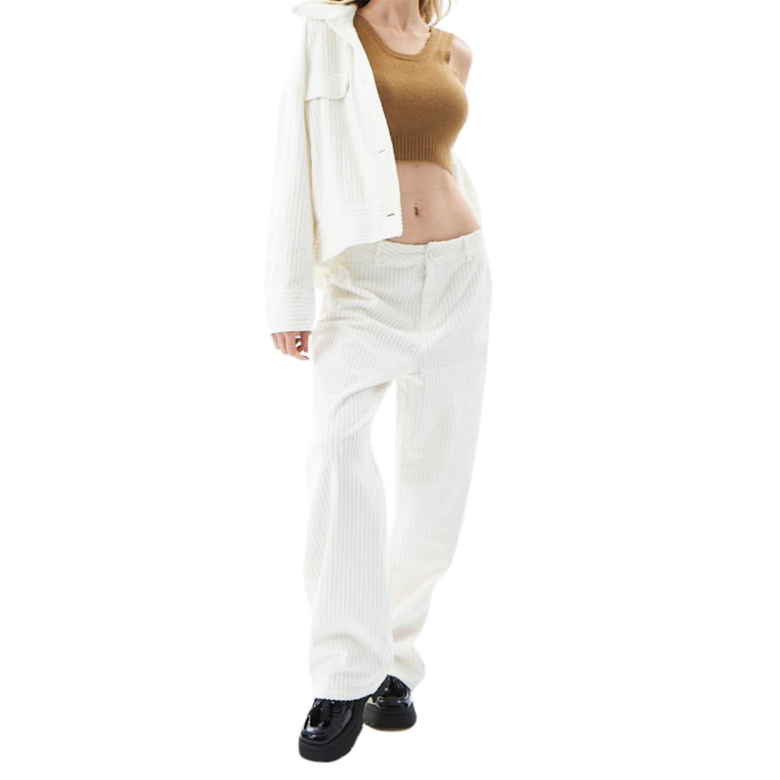 Evoq Nine Pamuklu Oversize Geniş Paça Kadife Pantolon Beyaz
