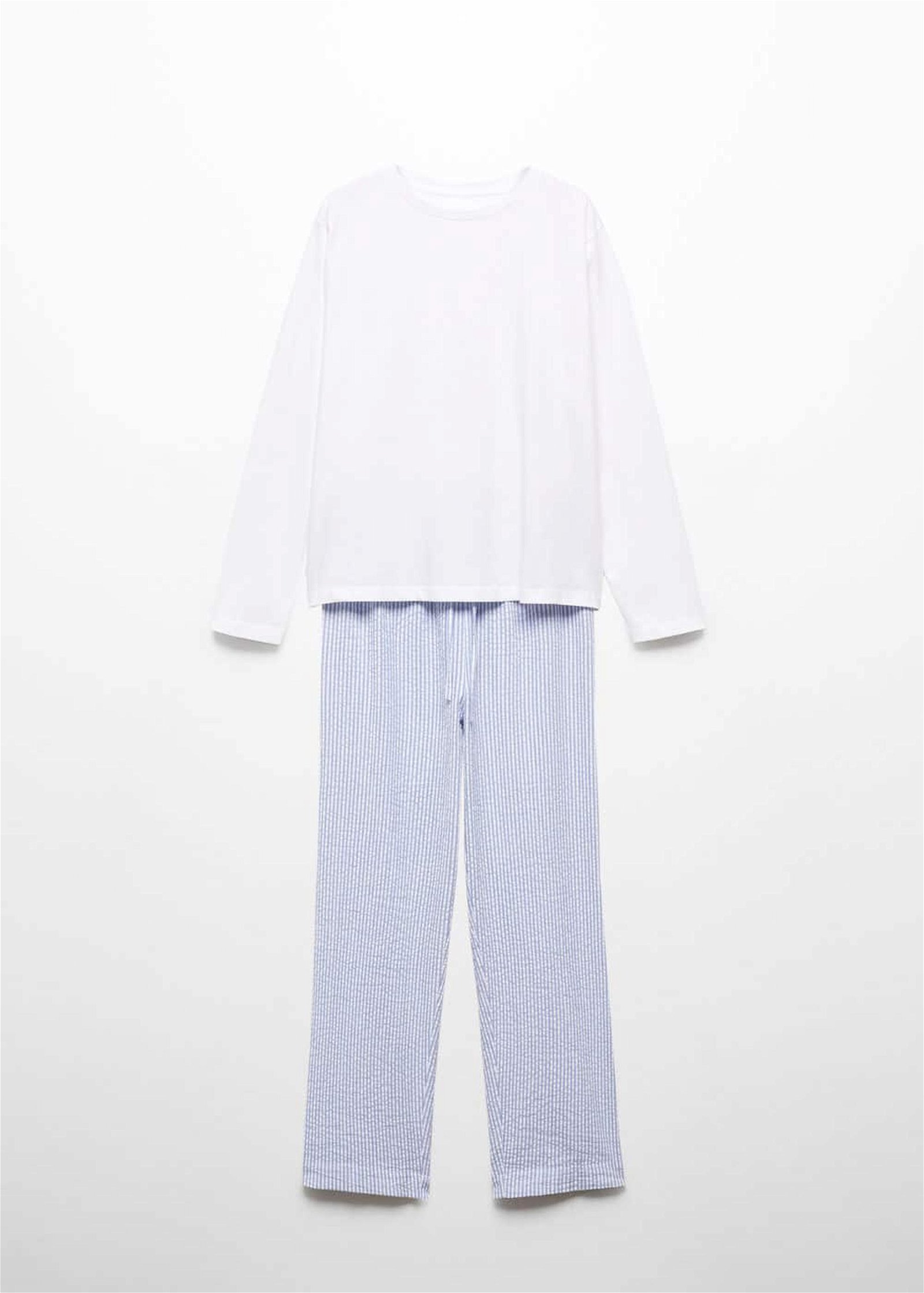 Mango Kadın İki Parçalı Çizgili Pamuklu Pijama Mavi