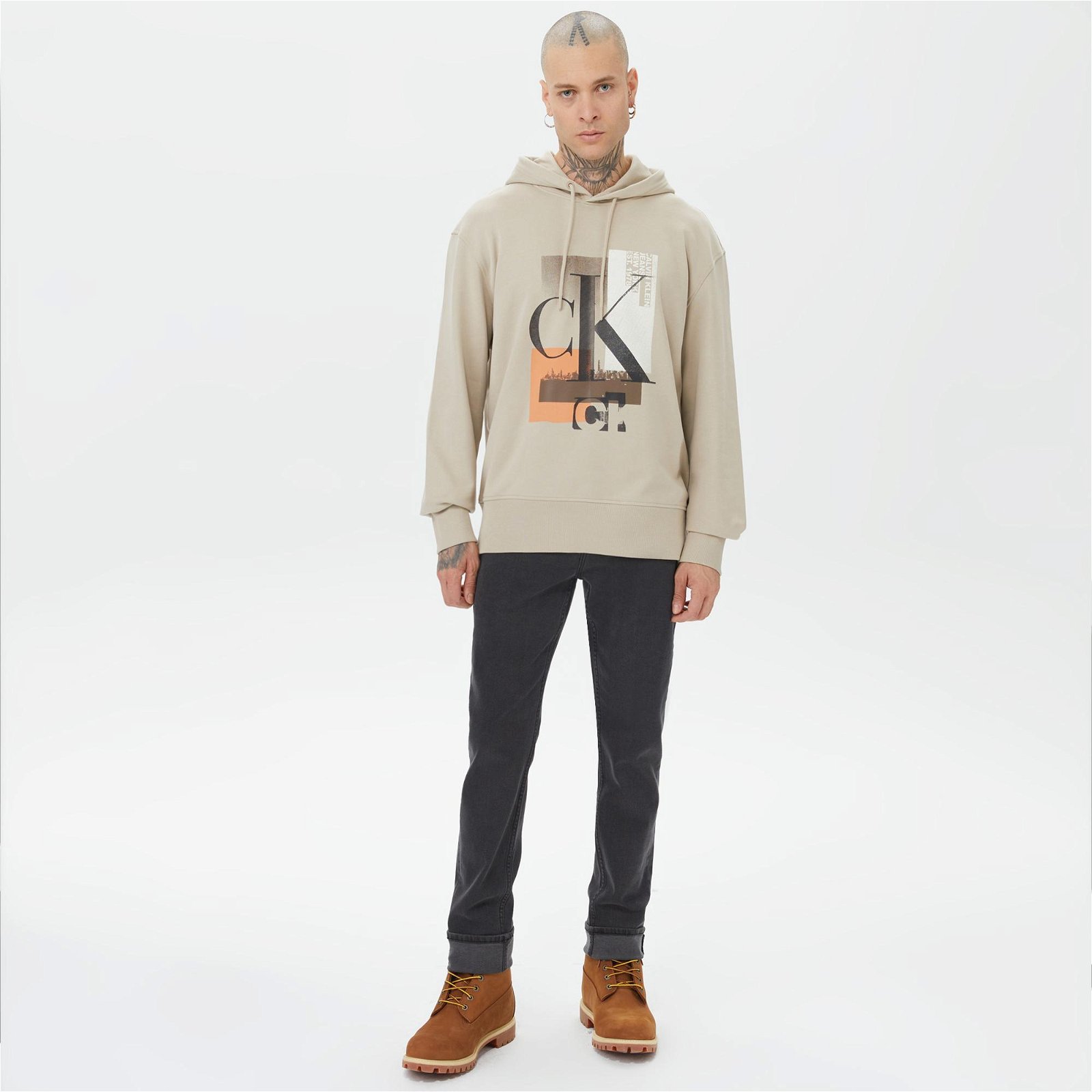 Calvin Klein Jeans Connected Layer Landscape Erkek Bej Sweatshirt