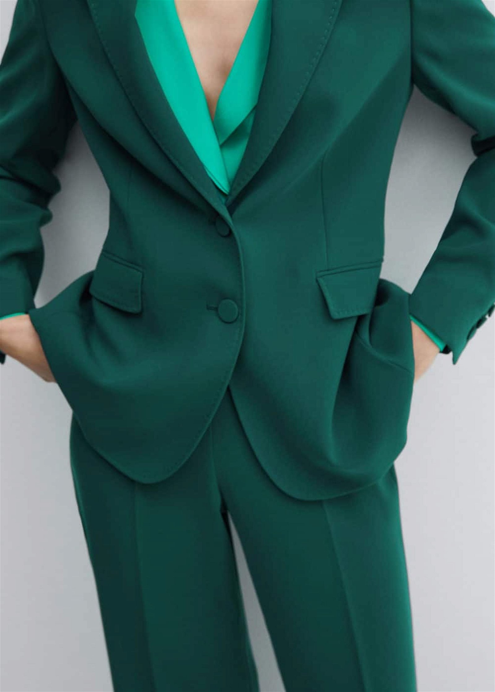 Mango Kadın Düz Kesim Kumaş Blazer Ceket Koyu Yeşil
