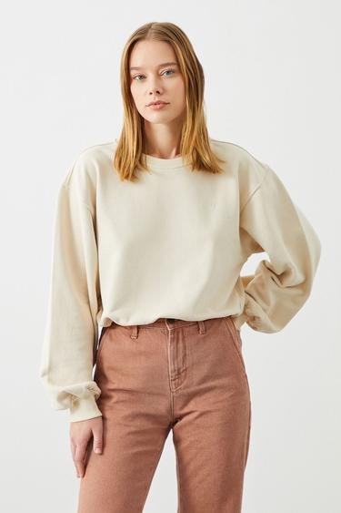  Ra Denim Kadın Ekru Crop Oversize Vita Sweatshirt