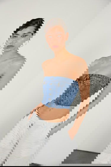  Vatkalı Kadın Düğmeli Denim Korse Top Mavi Mavi