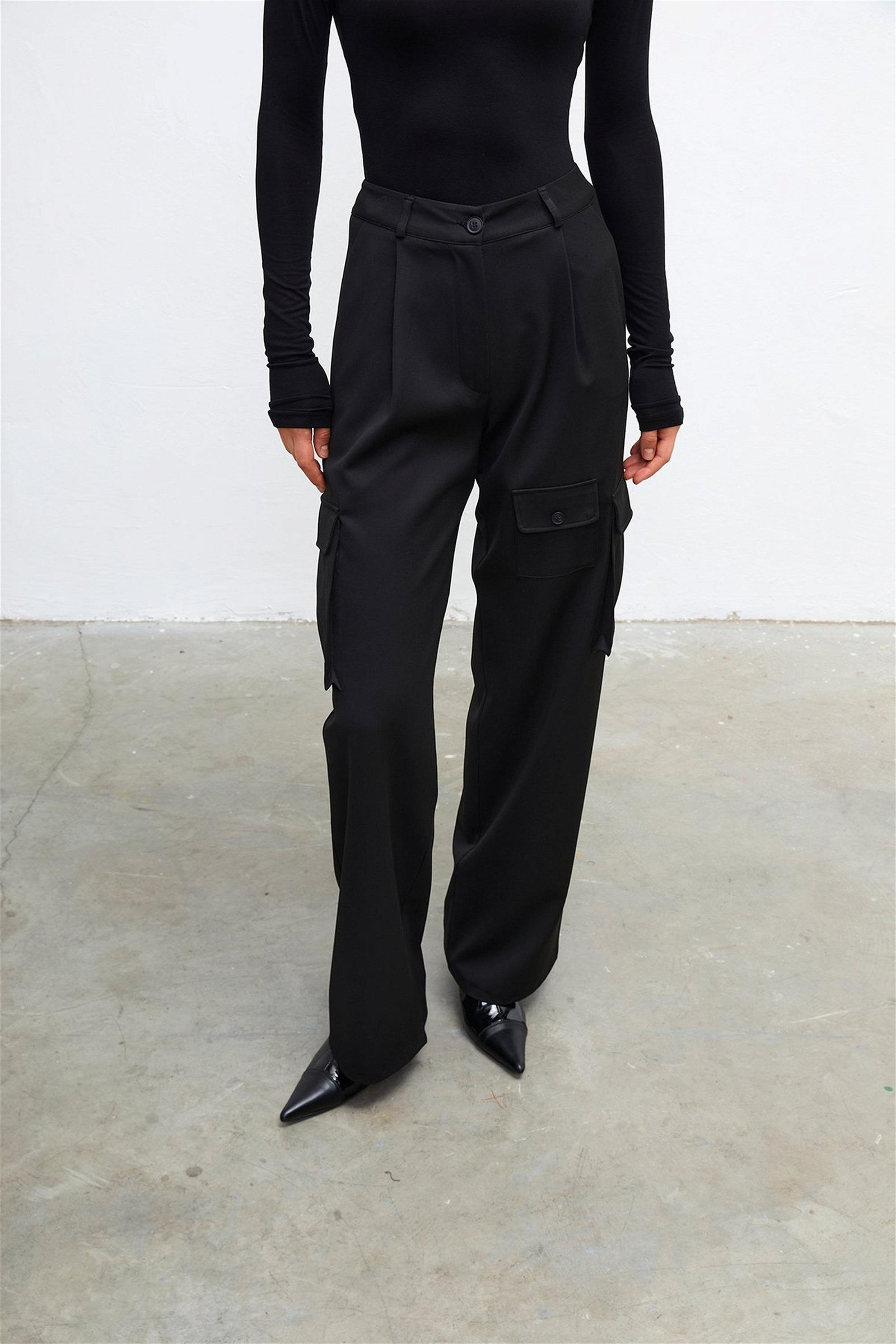 Vatkalı Kadın High Rise Kargo Pantolon - Premium Collection Siyah