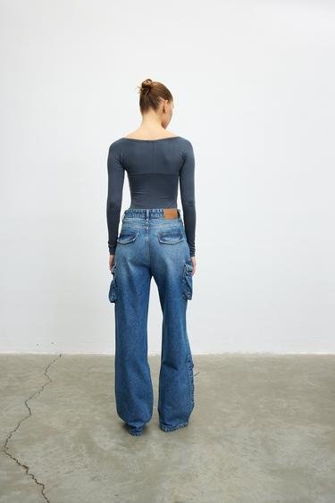  Vatkalı Kadın High Waist Kargo Jean - Premium Collection Mavi