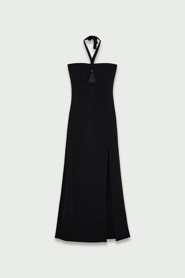  Vatkalı Kadın Dekolte Detaylı Midi Elbise Siyah