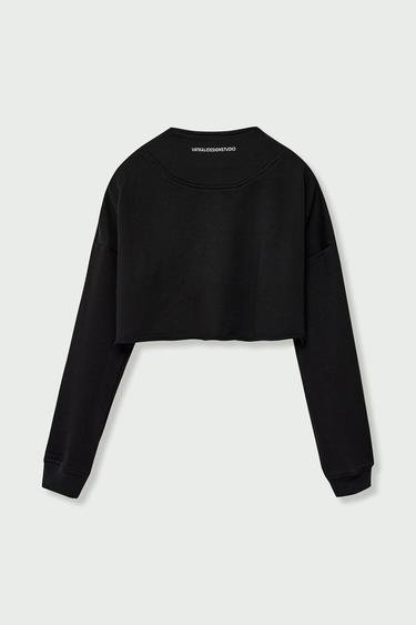  Vatkalı Kadın Fermuarlı Crop Sweatshirt Siyah