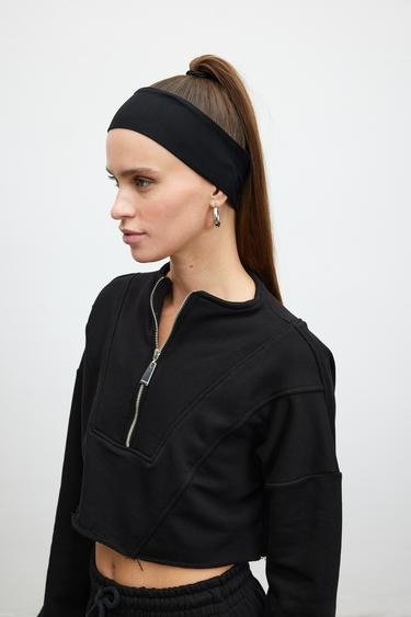  Vatkalı Kadın Fermuarlı Crop Sweatshirt Siyah