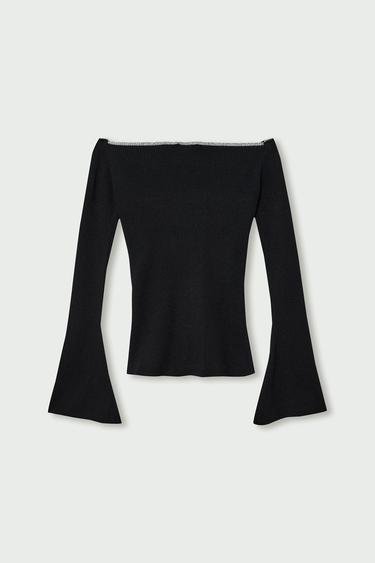  Vatkalı Kadın Off-The-Shoulder Triko Top Siyah
