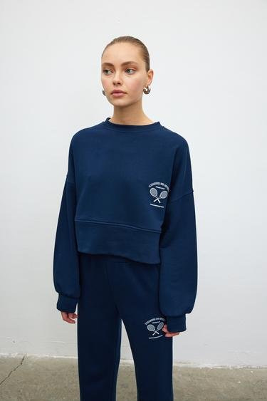  Vatkalı Kadın Oversize Kolej Sweatshirt Lacivert