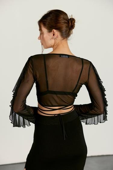  Vatkalı Kadın Kolları Fırfırlı Transparan Crop Bluz Siyah