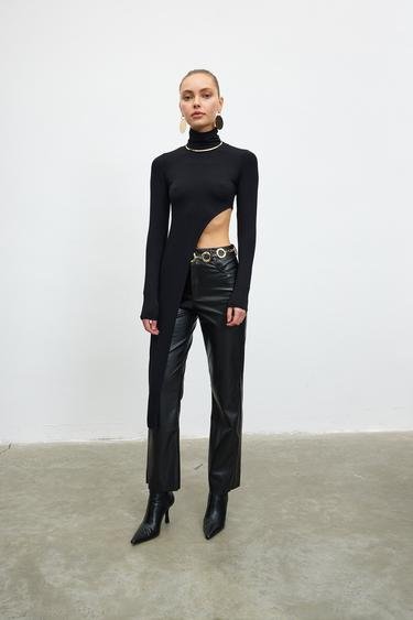  Vatkalı Kadın Asimetrik Uzun Bluz - Premium Collection Siyah