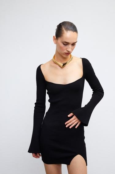  Vatkalı Kadın Kalp Yaka Fitilli Triko Elbise Siyah