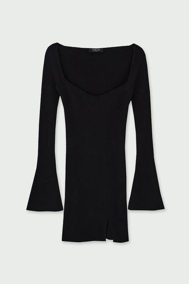  Vatkalı Kadın Kalp Yaka Fitilli Triko Elbise Siyah