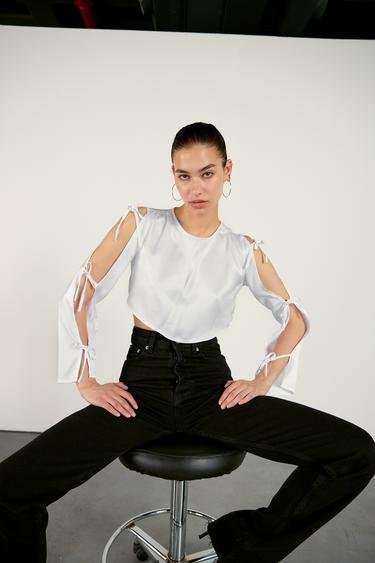  Vatkalı Kadın Kolları Fiyonklu Saten Bluz - Premium Collection Beyaz