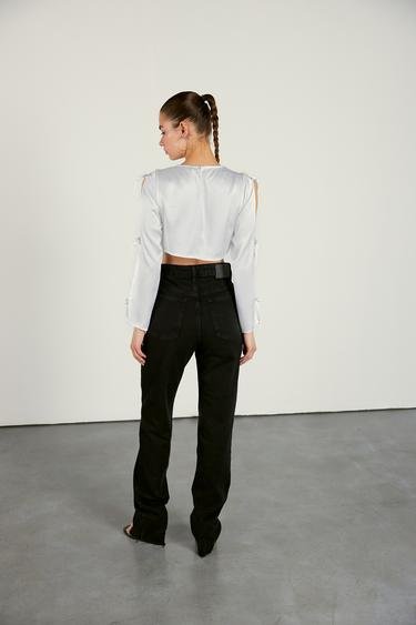  Vatkalı Kadın Kolları Fiyonklu Saten Bluz - Premium Collection Beyaz