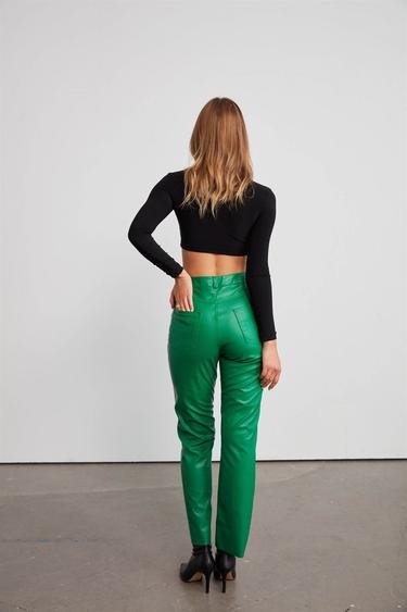  Vatkalı Kadın Deri Straight Pantolon Yeşil Yeşil